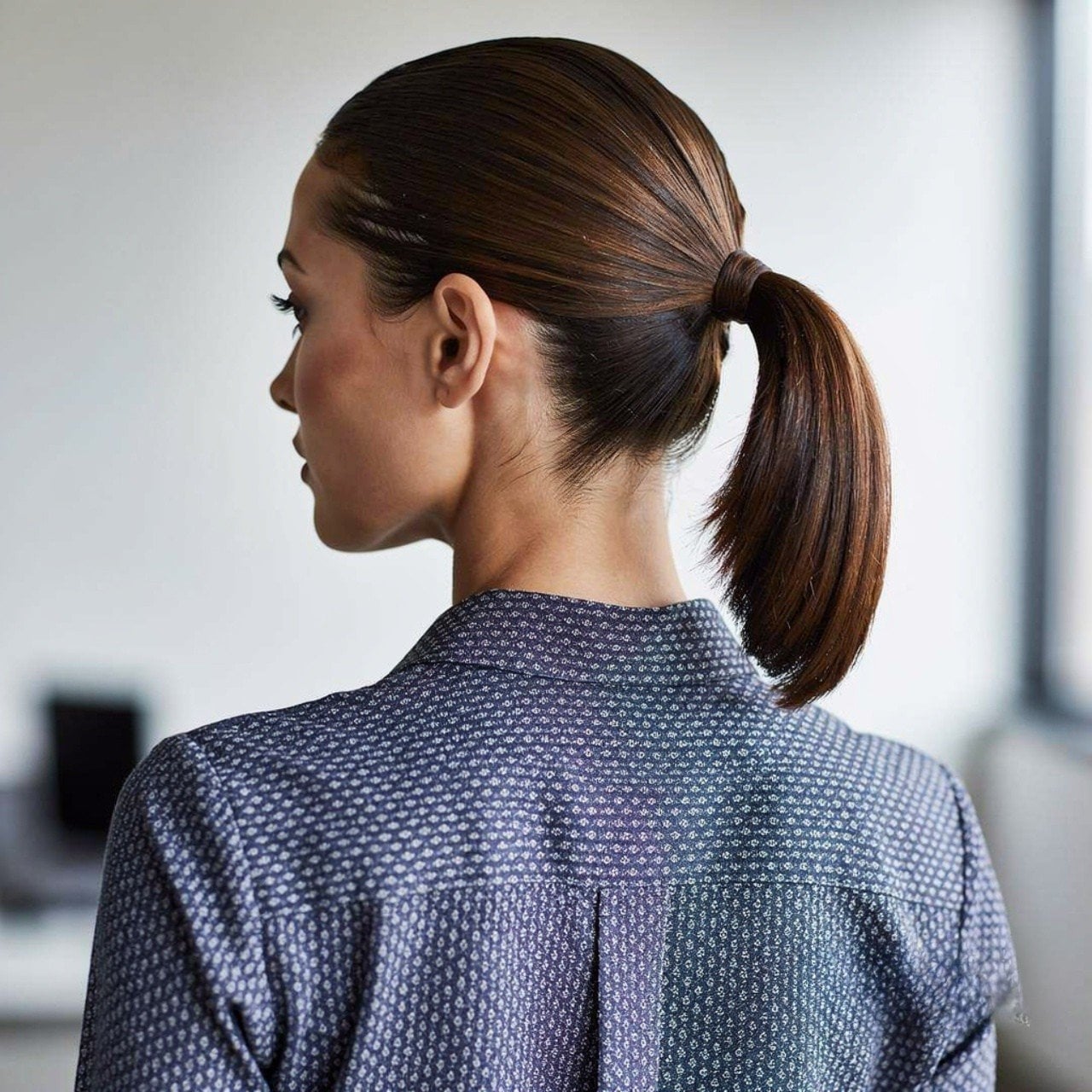 Sleek High Ponytail Shoulder Length Dark Brown — Trendy Sleek Ponytail