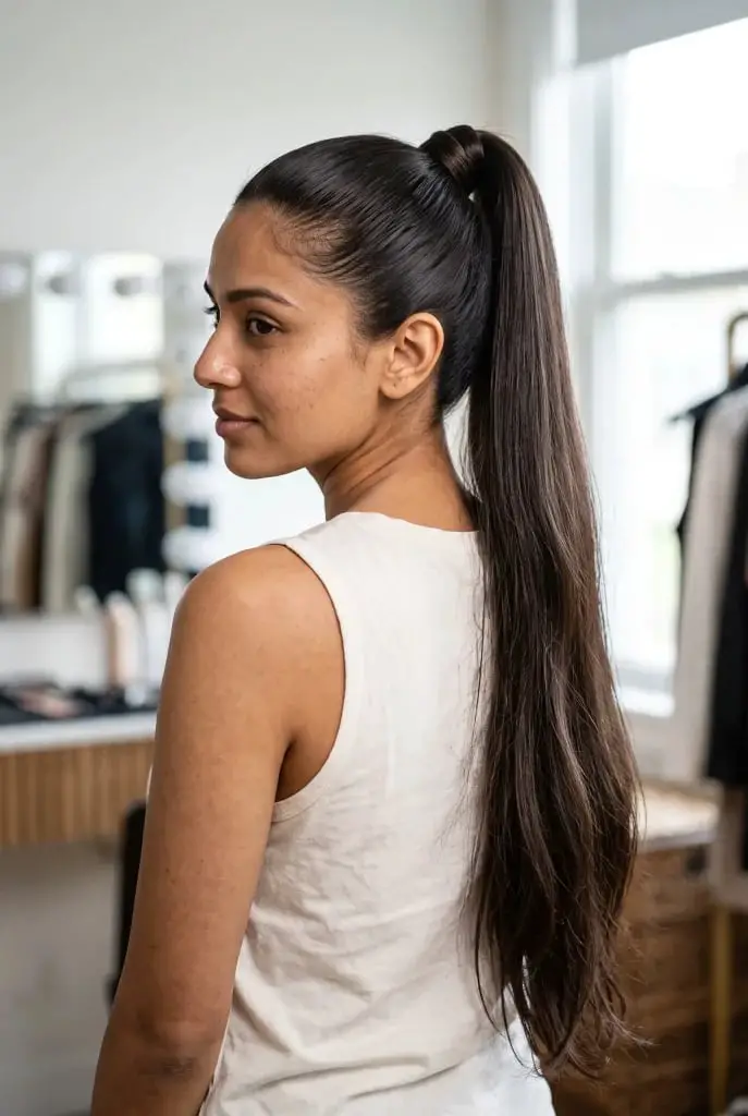 High Sleek Dark Brown Ponytail With Layers, Mid-Back — Trendy Sleek Ponytail