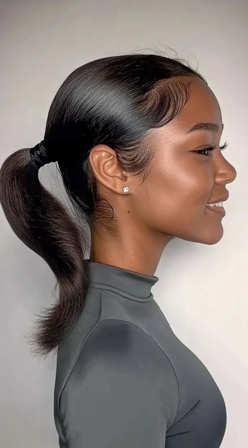 Collarbone Dark Brown Ponytail Defined Edges Collarbone Dark Brown Ponytail Defined Edges — Trendy Slick Back Ponytail