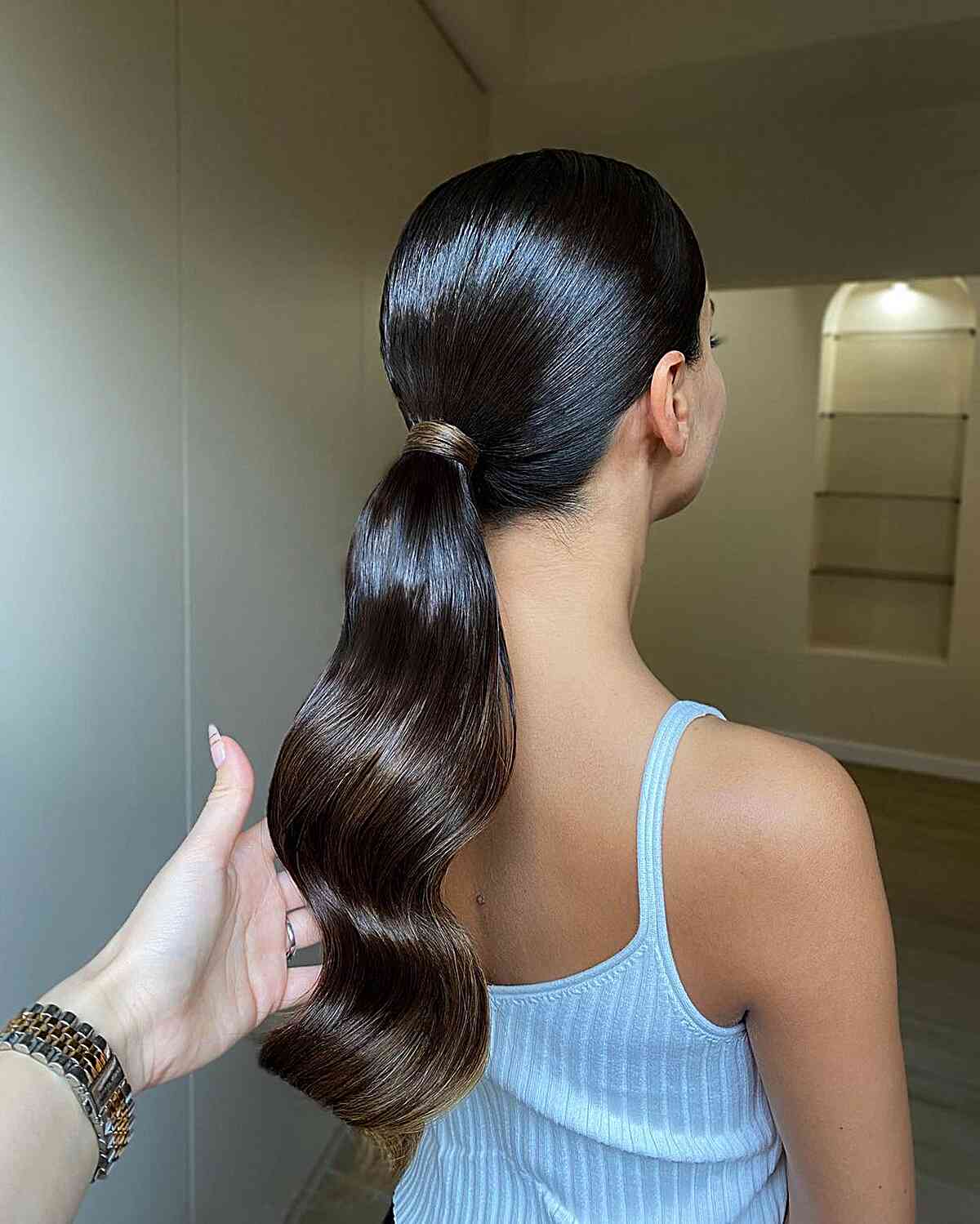 Glossy Wavy Dark Brown Ponytail Glossy Wavy Dark Brown Ponytail — Trendy Slick Back Ponytail