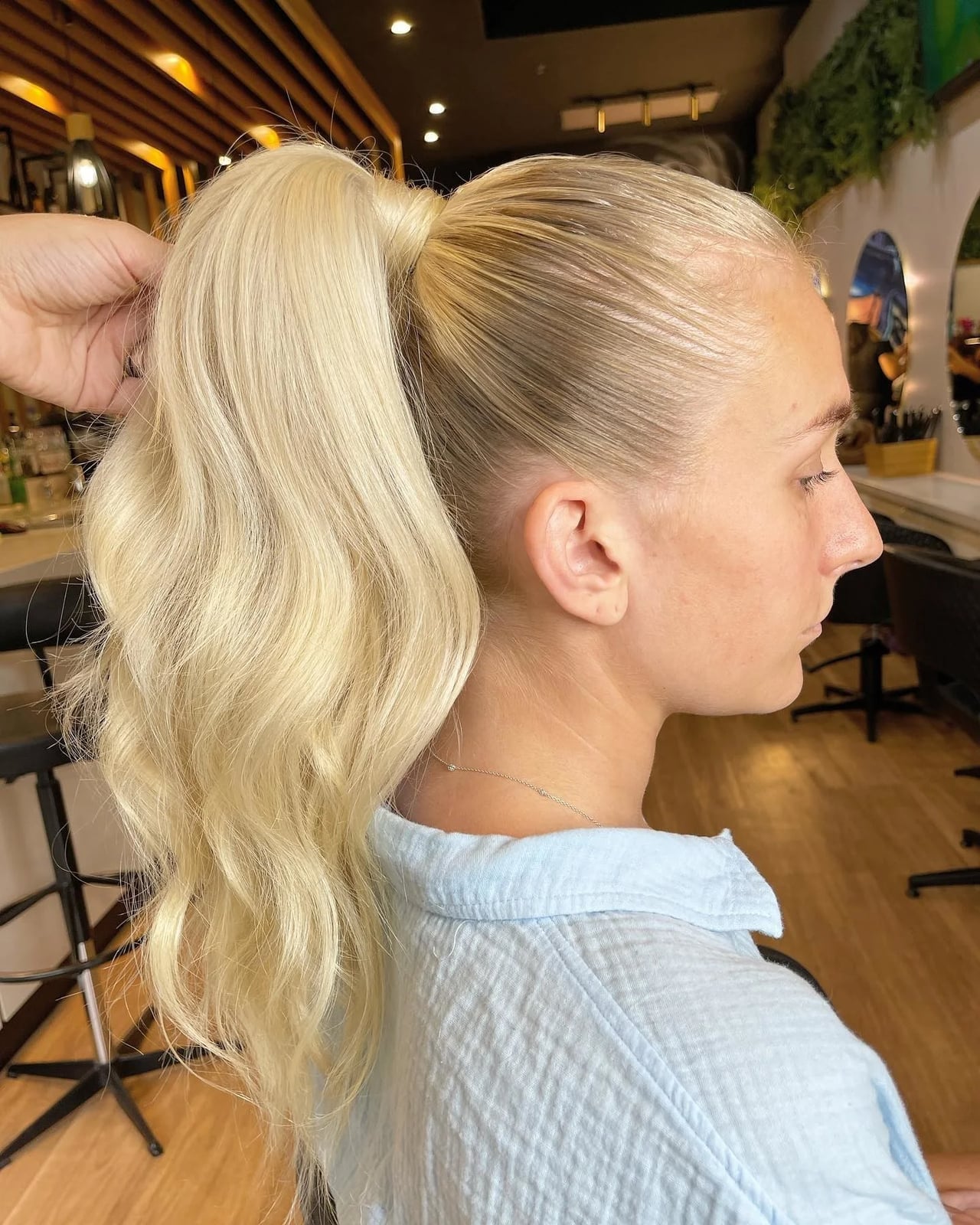 Mid-Back Wavy Ash Blonde High Ponytail Mid-Back Wavy Ash Blonde High Ponytail — Trendy Slick Back Ponytail