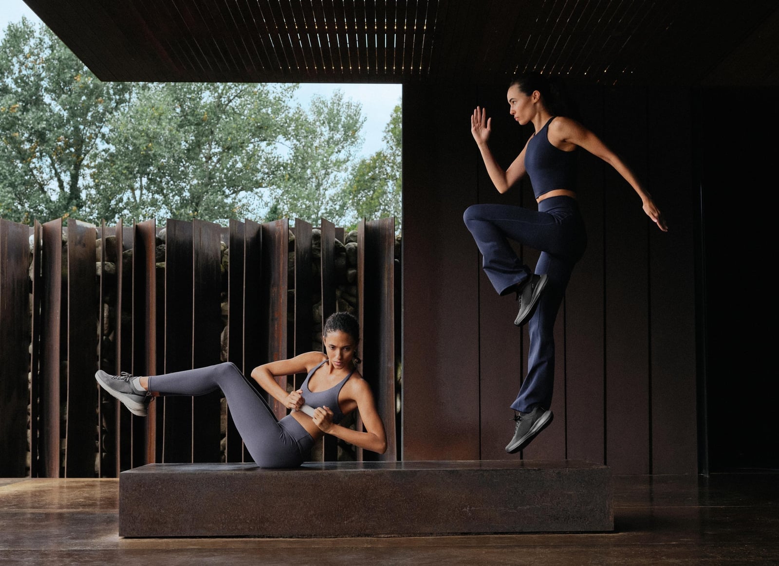 Navy Cropped Top With Flared Athletic Pants — Trendy Sporty Outfits
