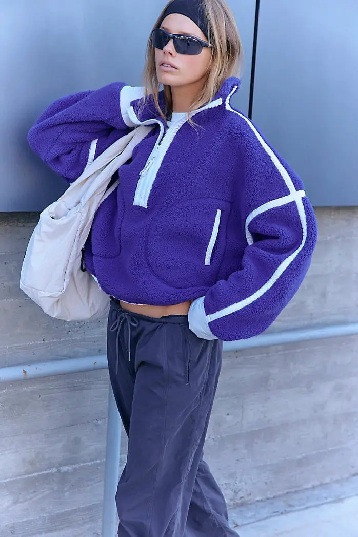 Purple Fleece Pullover With Gray Track Pants — Trendy Sporty Outfits