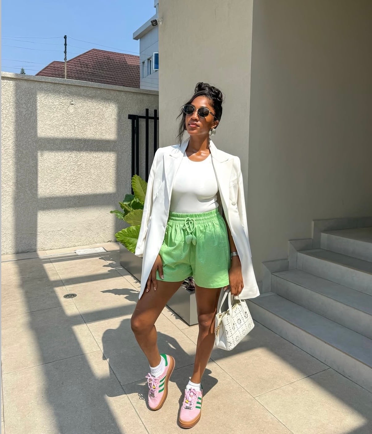White Blazer With Green Textured Shorts — Trendy Sporty Outfits