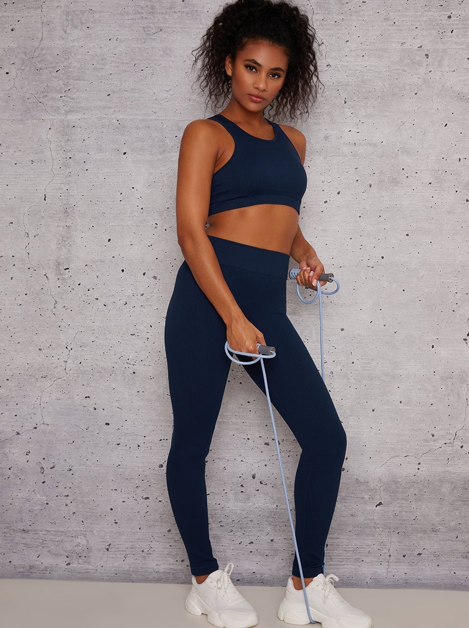 Navy Ribbed Knit Activewear Set — Trendy Sporty Outfits
