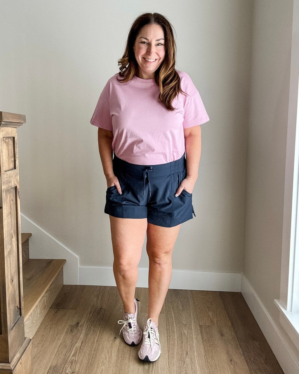 Pink Oversized T-Shirt With Navy Shorts — Trendy Sporty Outfits