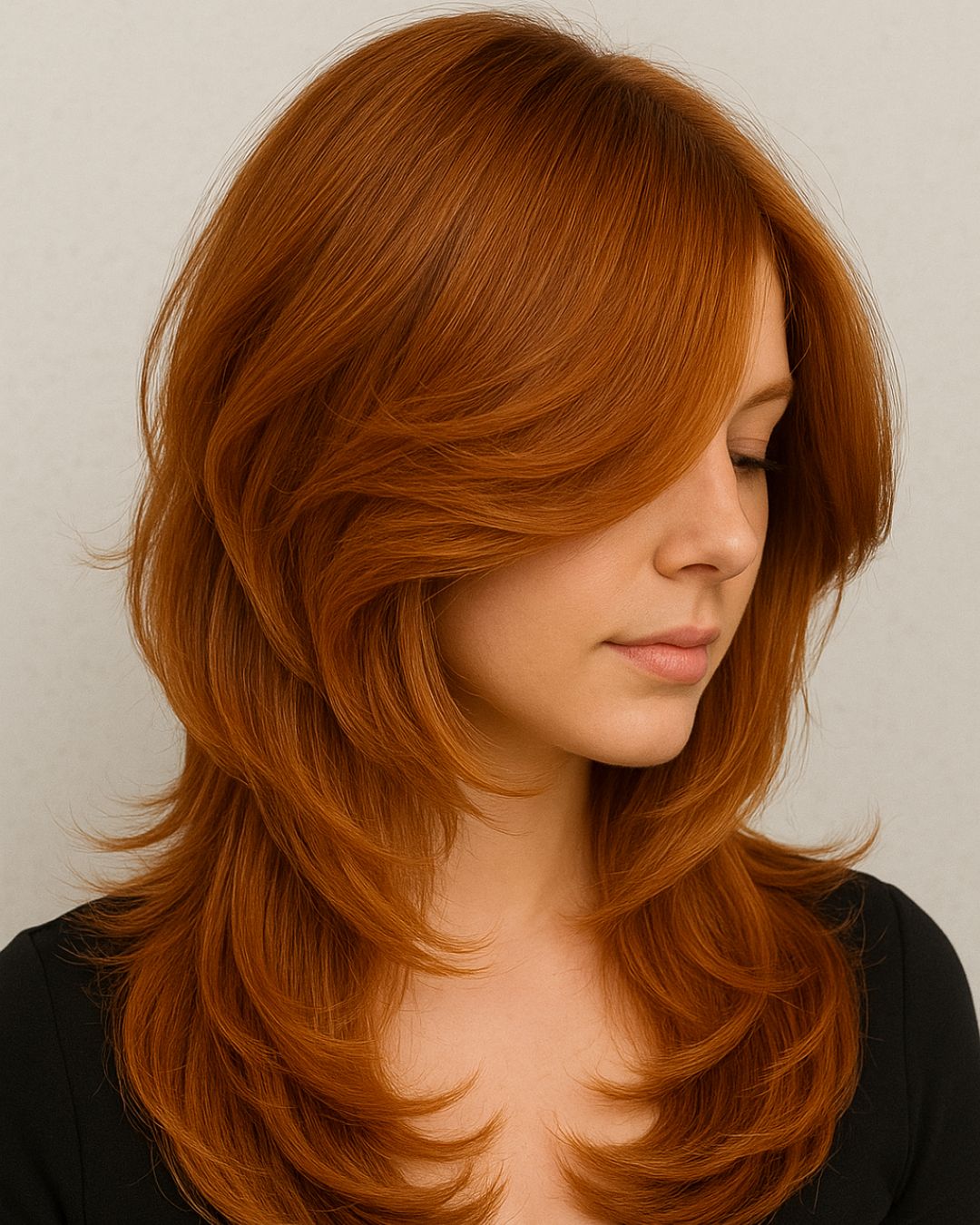 Mid-Back Copper Red With Side-Swept Bangs Mid-Back Copper Red With Side-Swept Bangs — Trendy Straight Hair