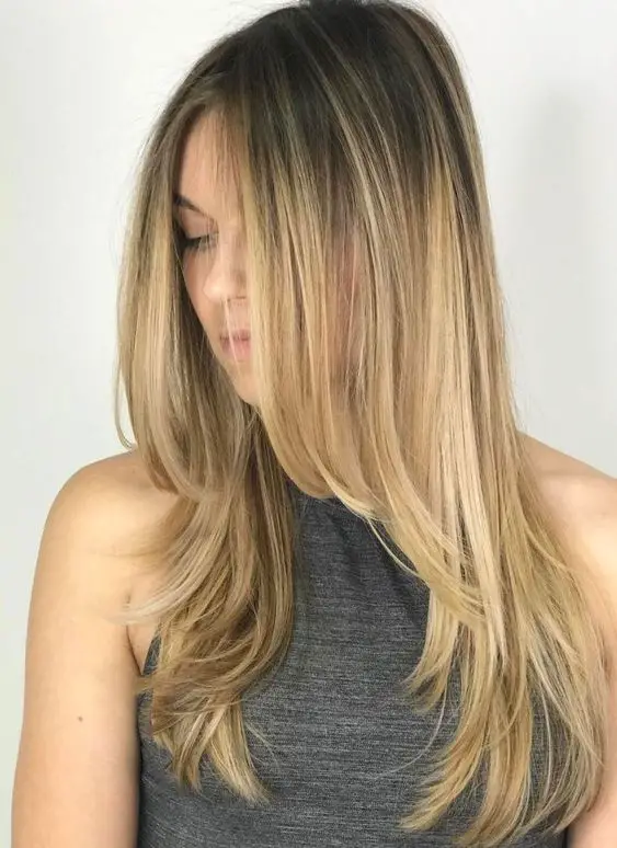 Mid-Back Layers With Curtain Bangs And Blowout, Close-Up Take Mid-Back Layers With Curtain Bangs And Blowout, Close-Up Take — Trendy Straight Hair