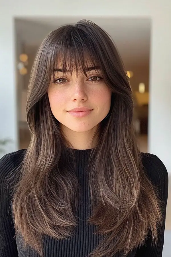Mid-Back Straight Hair With Curtain Bangs Mid-Back Straight Hair With Curtain Bangs — Trendy Straight Hair