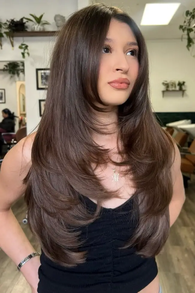 Long Layers With Prominent Curtain Bangs, Middle Long Layers With Prominent Curtain Bangs, Middle — Trendy Straight Hair
