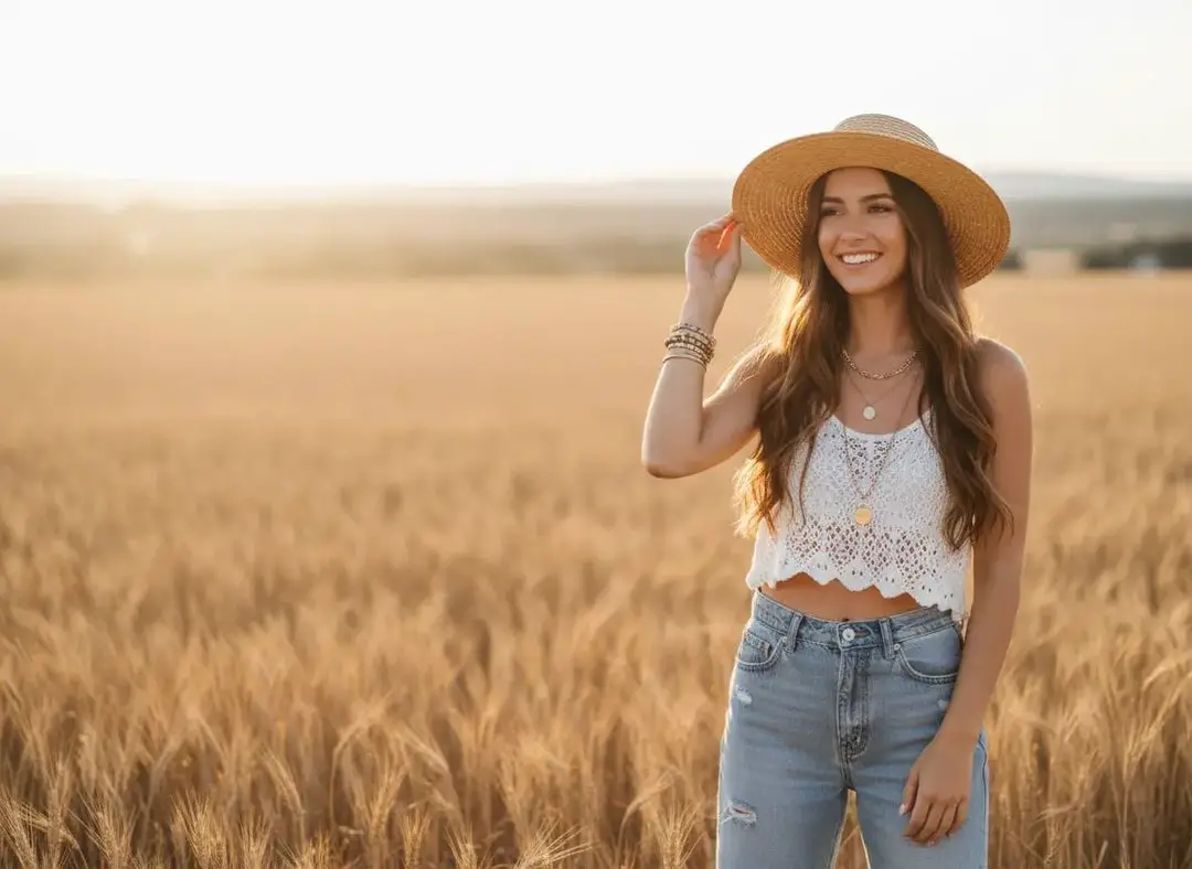 Crochet Crop Top and Distressed Jeans for Casual Outings — Trendy Sunset Outfit