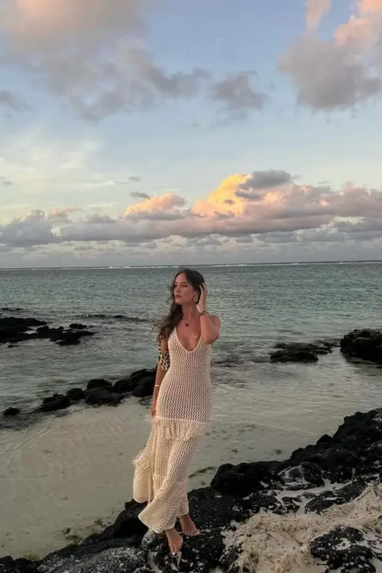 Cream Crochet Knit Maxi Dress for Beach Vacations — Trendy Sunset Outfit