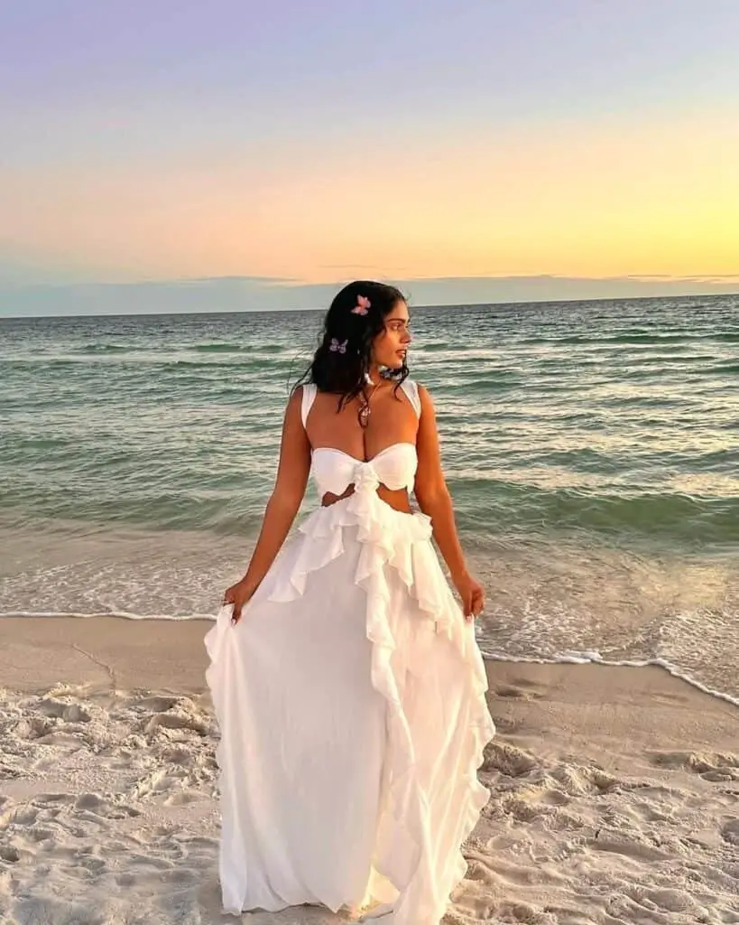 White Ruffled Maxi Dress for Beach Sunset — Trendy Sunset Outfit