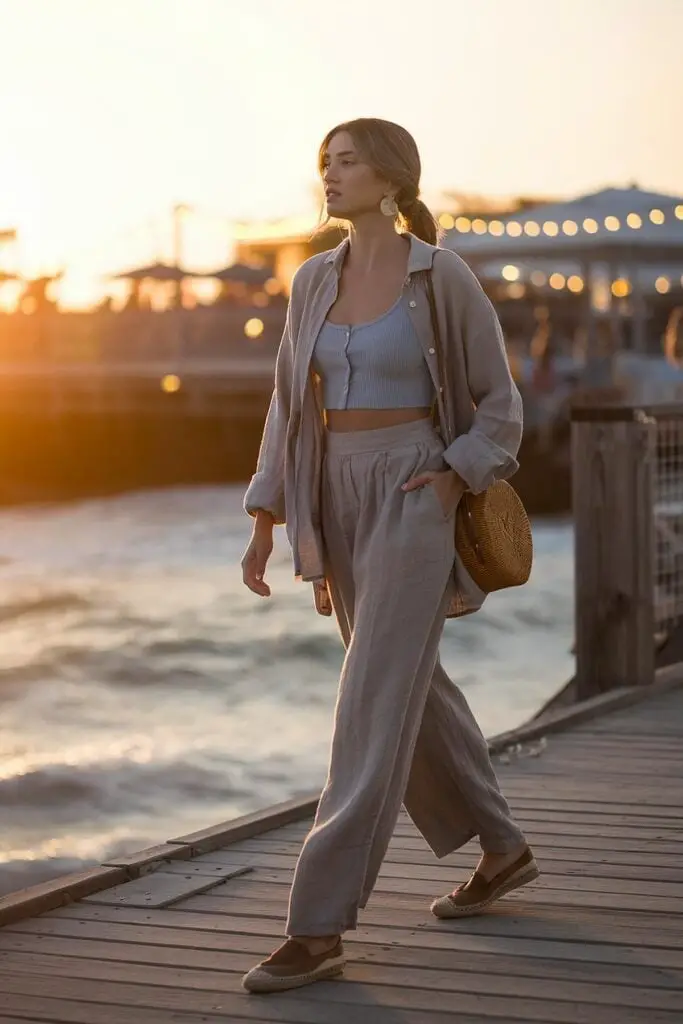 Linen Set with Wide-Leg Trousers for Beach Sunset — Trendy Sunset Outfit