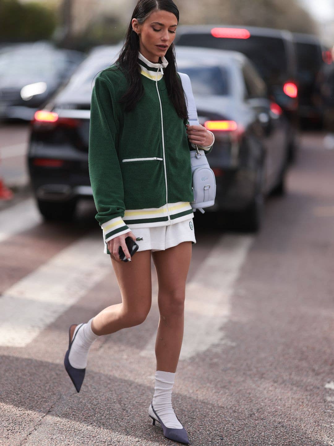 Green Velour Jacket Over White Mini Skirt Green Velour Jacket Over White Mini Skirt — Trendy Tennis Outfits