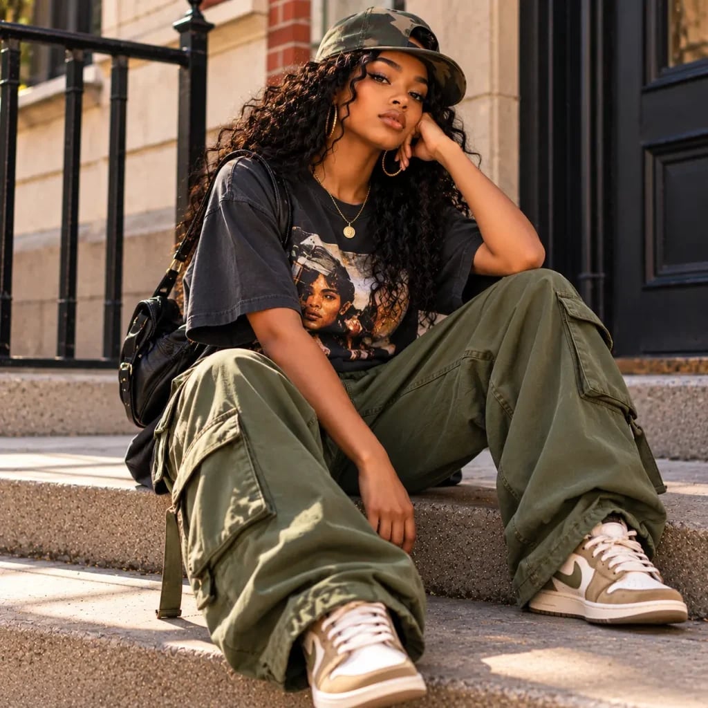 Baggy Olive Cargo Pants with a Graphic Tee Baggy Olive Cargo Pants with a Graphic Tee — Trendy Tomboy Outfits