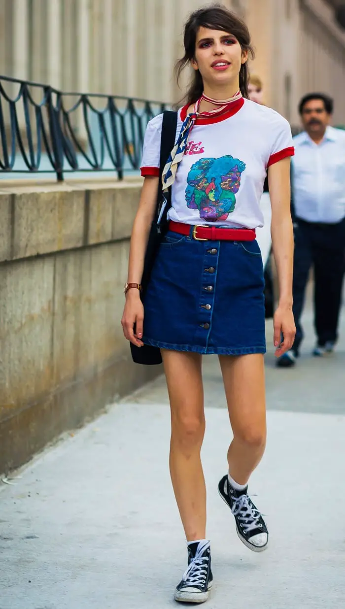 Graphic T-Shirt with Denim Mini Skirt and Red Belt Graphic T-Shirt with Denim Mini Skirt and Red Belt — Trendy Tomboy Outfits
