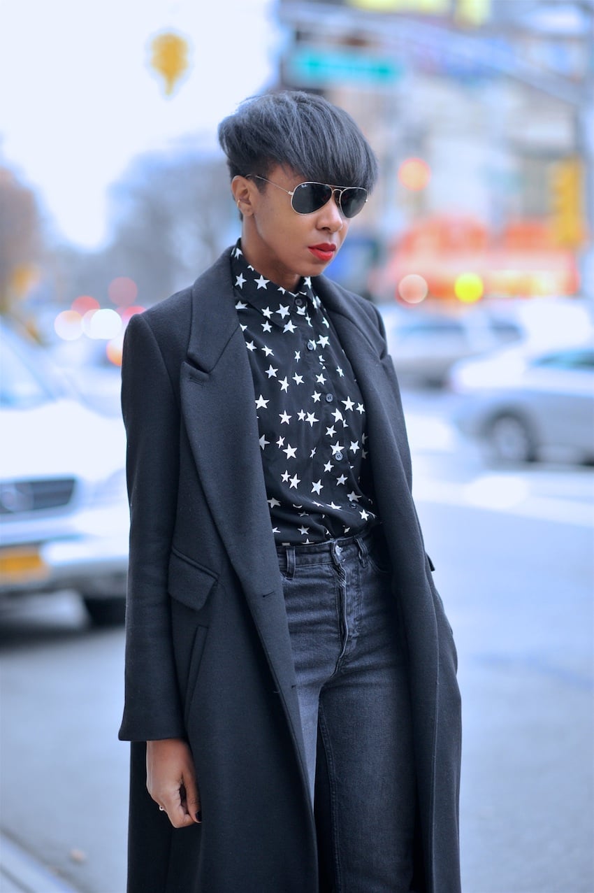 Black Wool Coat Over Star Print Shirt and Slim Jeans Black Wool Coat Over Star Print Shirt and Slim Jeans — Trendy Tomboy Outfits
