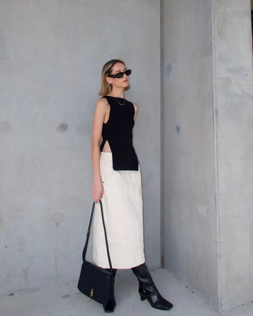Sleeveless Top with Cream Denim A-line Skirt Sleeveless Top with Cream Denim A-line Skirt — Trendy Tomboy Outfits