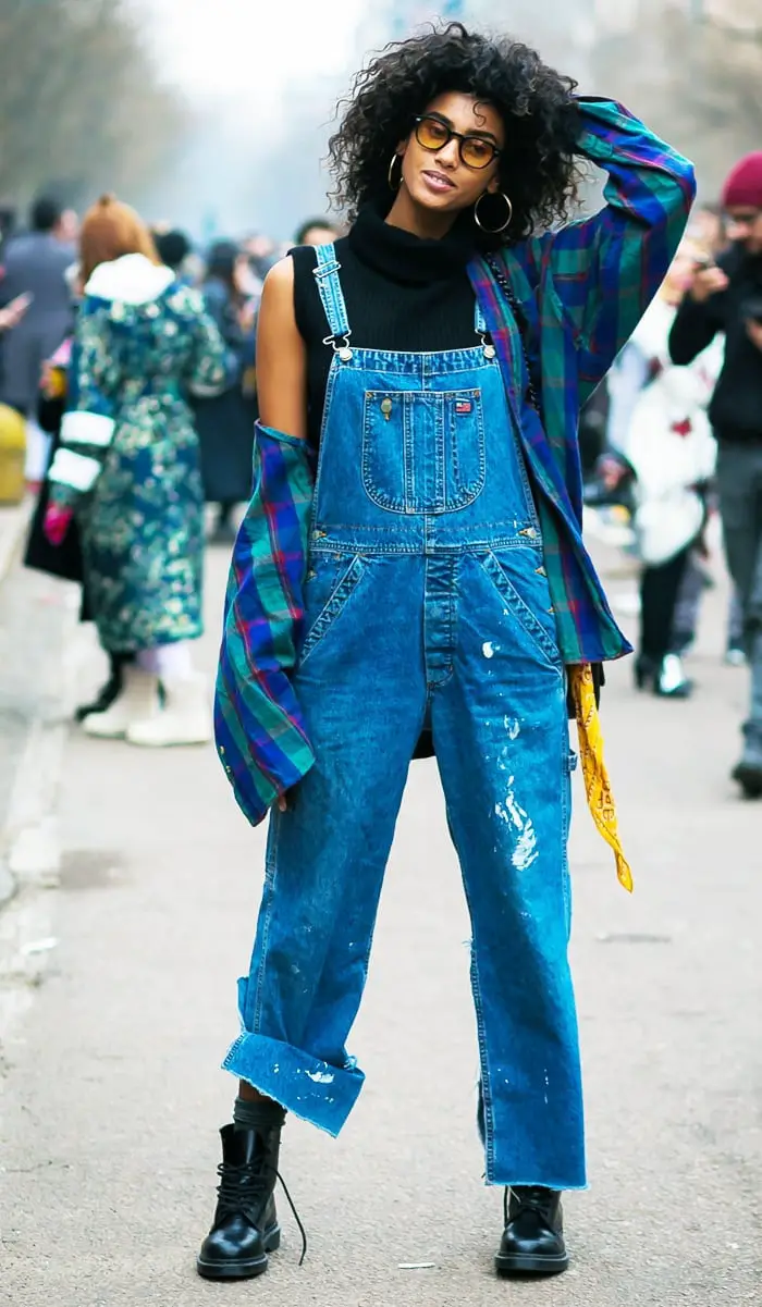 Denim Overalls Over a Turtleneck with Plaid Shirt Denim Overalls Over a Turtleneck with Plaid Shirt — Trendy Tomboy Outfits