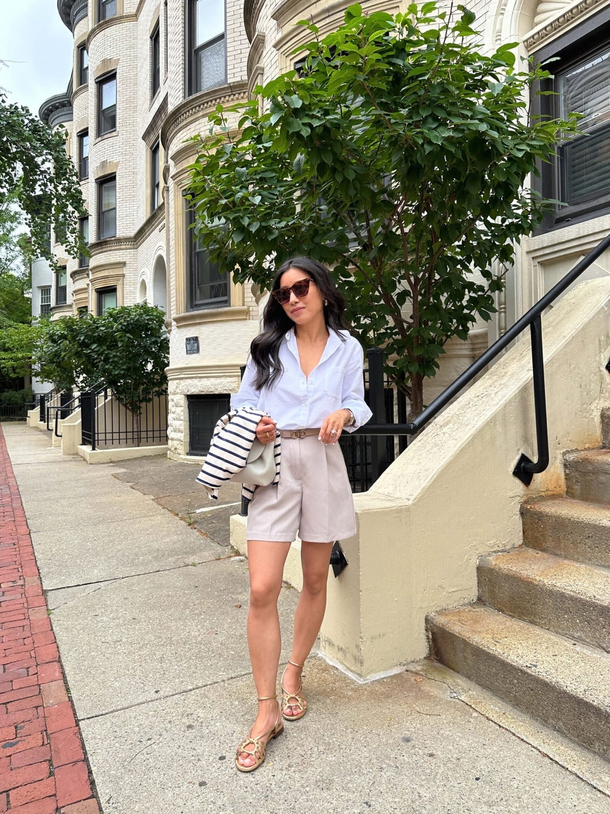 White Shirt with Tailored Shorts and Striped Blazer White Shirt with Tailored Shorts and Striped Blazer — Trendy Tomboy Outfits