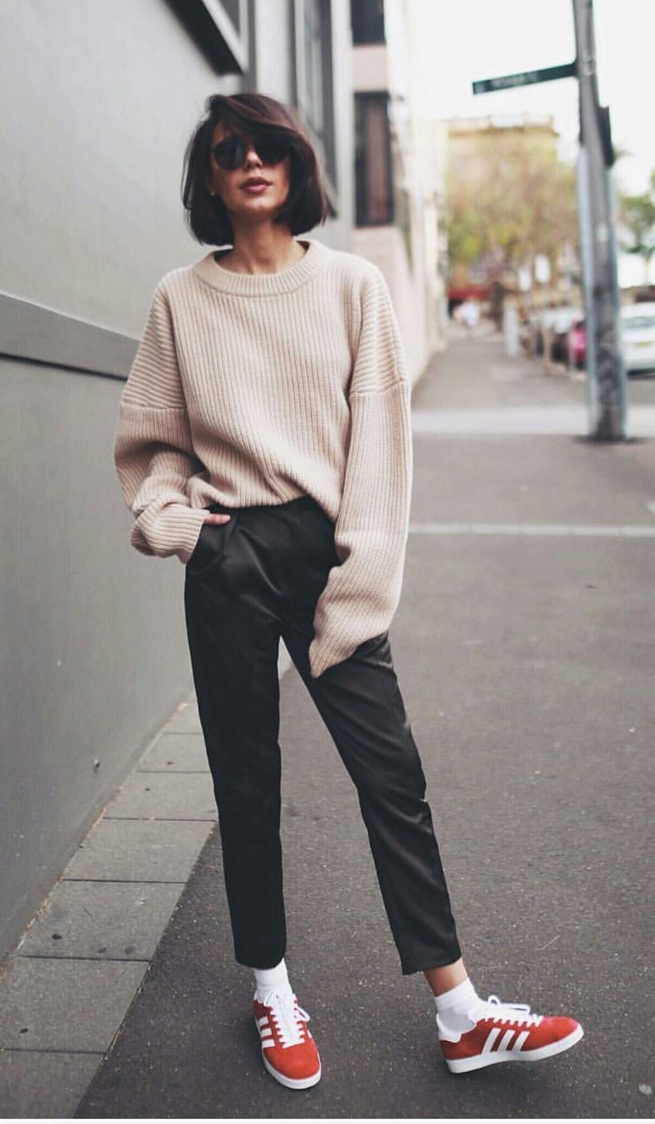 Ribbed Knit Sweater with Black Trousers and Red Sneakers Ribbed Knit Sweater with Black Trousers and Red Sneakers — Trendy Tomboy Outfits