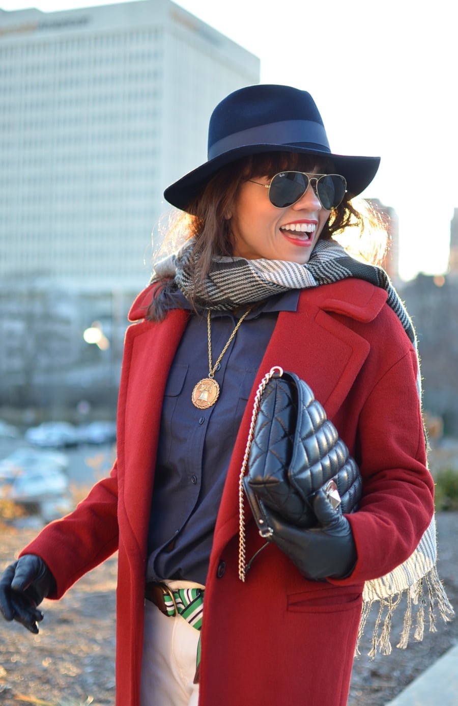 Navy Shirt with Red Wool Coat and White Pants Navy Shirt with Red Wool Coat and White Pants — Trendy Tomboy Outfits