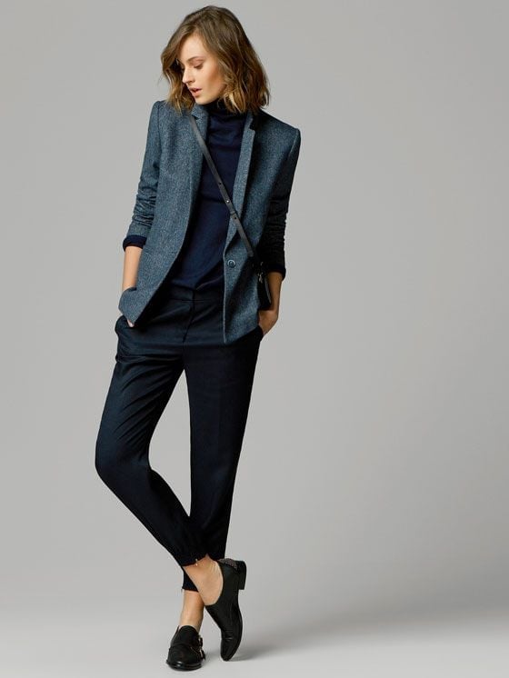 Gray Blazer Over Blue Turtleneck and Navy Trousers Gray Blazer Over Blue Turtleneck and Navy Trousers — Trendy Tomboy Outfits