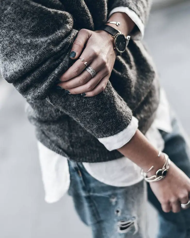 Gray Knit Sweater Over White Shirt and Distressed Jeans Gray Knit Sweater Over White Shirt and Distressed Jeans — Trendy Tomboy Outfits
