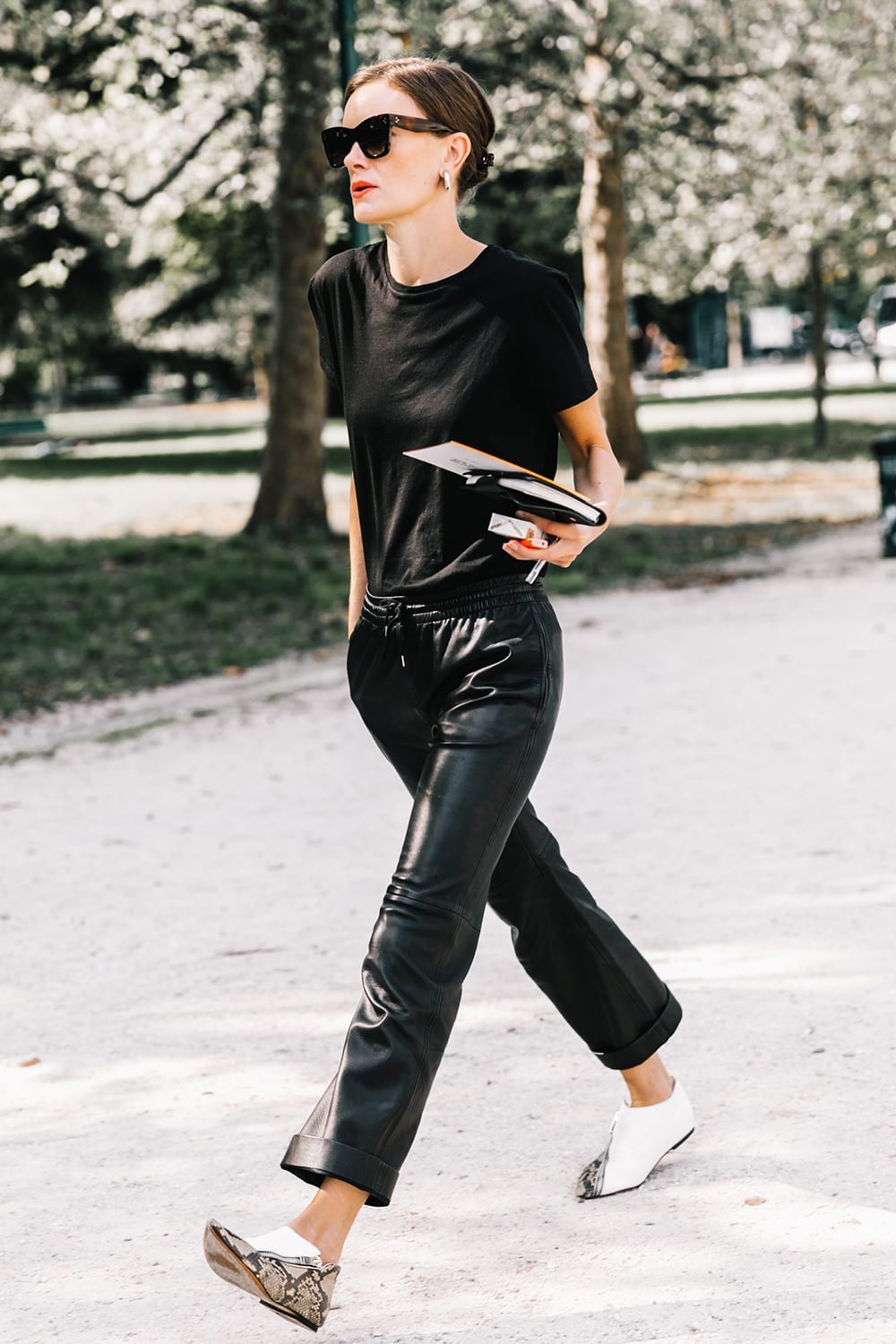 Black T-Shirt with Leather Track Pants Black T-Shirt with Leather Track Pants — Trendy Tomboy Outfits