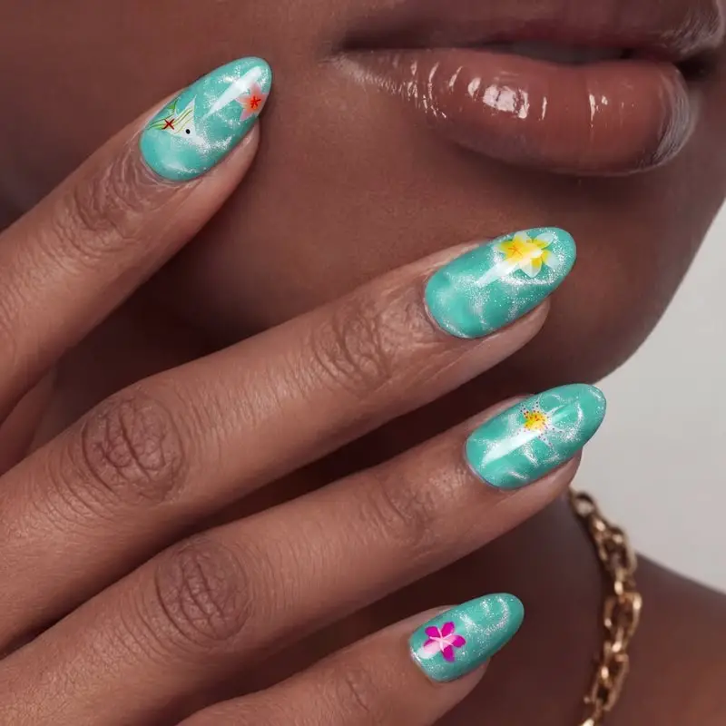 Turquoise Cat-Eye with Floral Decals Turquoise Cat-Eye with Floral Decals — Trendy Turquoise Nails