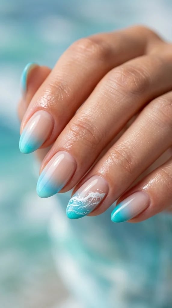 Ombre French Waves Medium Oval Nails Ombre French Waves Medium Oval Nails — Trendy Turquoise Nails