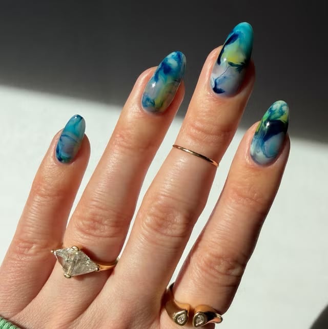 Abstract Marbled Almond Nails Abstract Marbled Almond Nails — Trendy Turquoise Nails