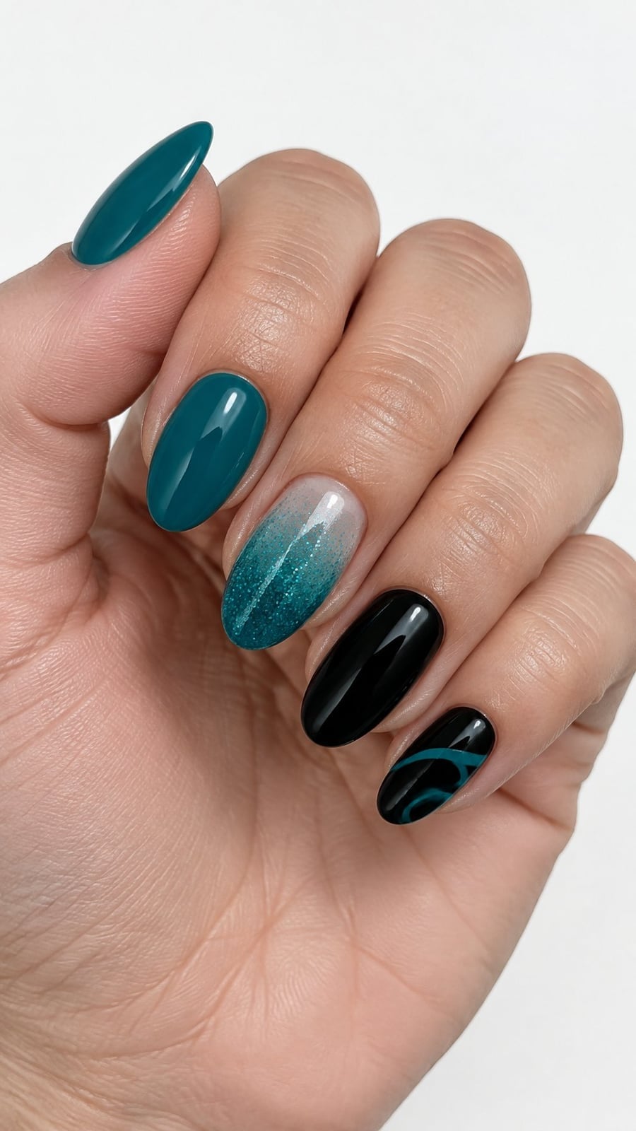 Teal Glitter Ombre Medium Oval Nails Teal Glitter Ombre Medium Oval Nails — Trendy Turquoise Nails
