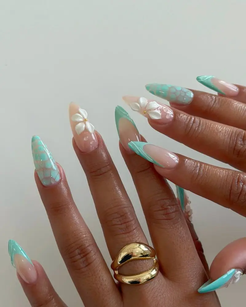 Long Stiletto Turquoise French with 3D Flowers Long Stiletto Turquoise French with 3D Flowers — Trendy Turquoise Nails
