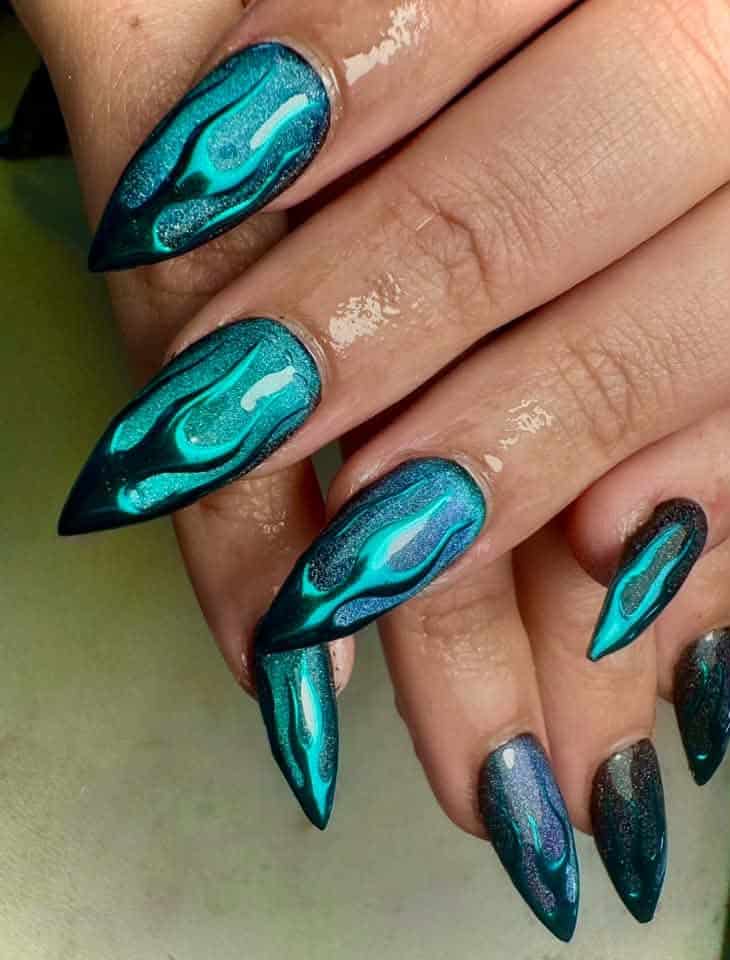 Turquoise and Black Flame Stiletto Nails Turquoise and Black Flame Stiletto Nails — Trendy Turquoise Nails