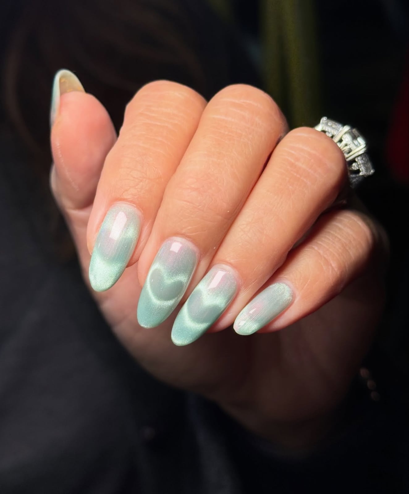 Mint Green Cat-Eye with Heart Shapes Mint Green Cat-Eye with Heart Shapes — Trendy Turquoise Nails