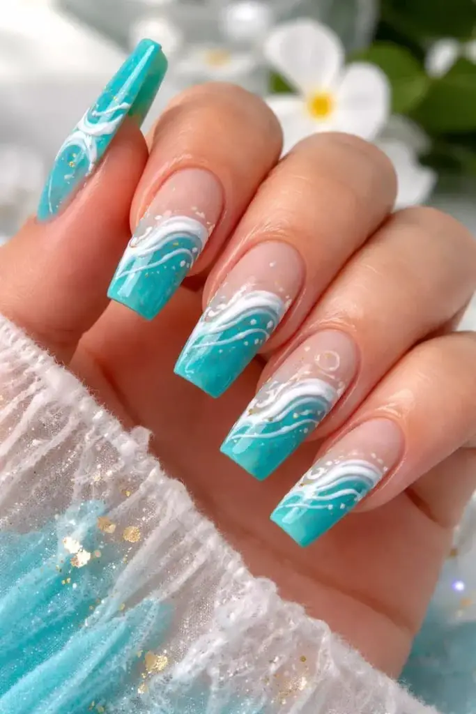 Turquoise Wave Art Long Coffin Nails Turquoise Wave Art Long Coffin Nails — Trendy Turquoise Nails