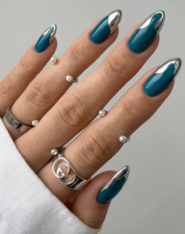 Deep Teal Chrome Tip Almond Nails Deep Teal Chrome Tip Almond Nails — Trendy Turquoise Nails