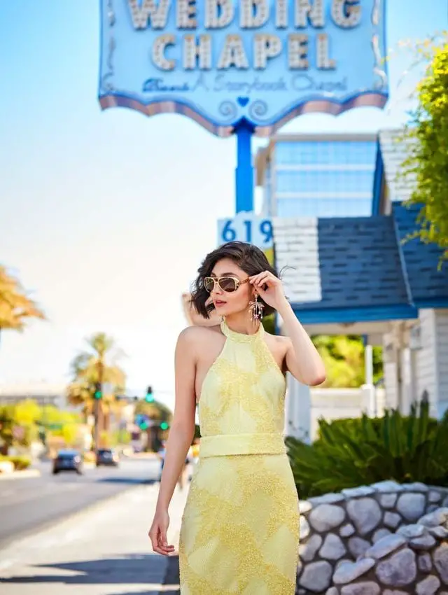 Yellow Embellished Halter Neck Dress Yellow Embellished Halter Neck Dress — Trendy Vegas Outfits