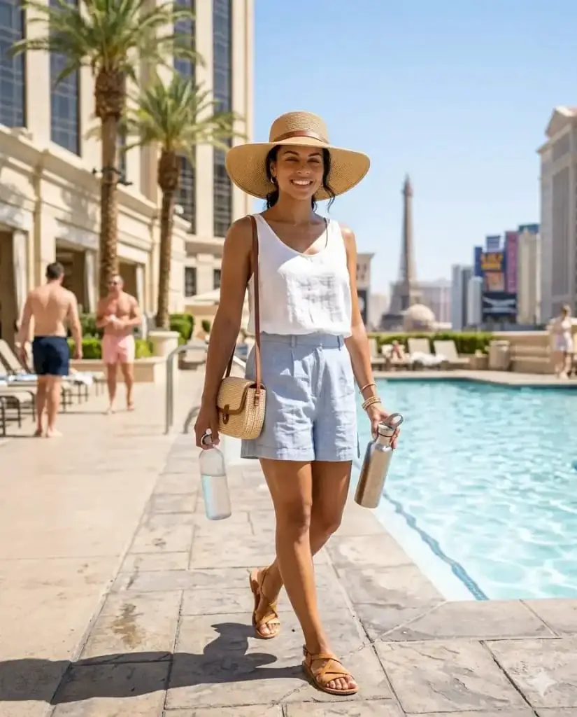 White Tank Top and Linen Shorts with Straw Hat White Tank Top and Linen Shorts with Straw Hat — Trendy Vegas Outfits