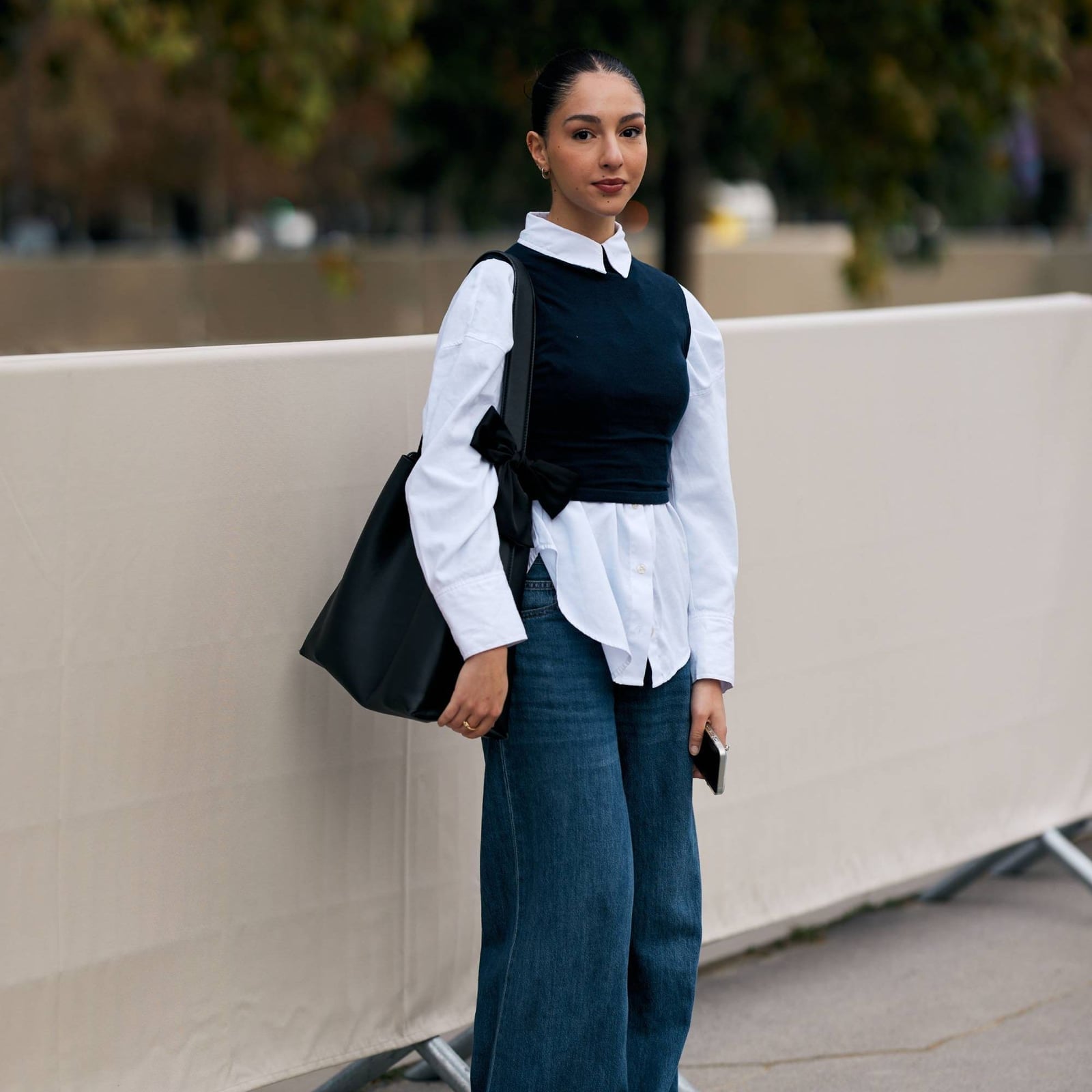 Cropped Navy Vest Over White Shirt and Denim Jeans Cropped Navy Vest Over White Shirt and Denim Jeans — Trendy Vest Outfits