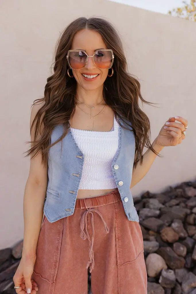 Light Blue Denim Vest Over Smocked Top and Terracotta Pants Light Blue Denim Vest Over Smocked Top and Terracotta Pants — Trendy Vest Outfits