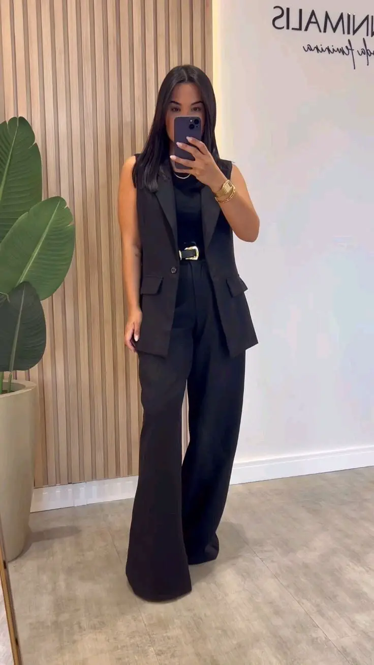 Black Sleeveless Blazer Vest with Gold Belt Black Sleeveless Blazer Vest with Gold Belt — Trendy Vest Outfits