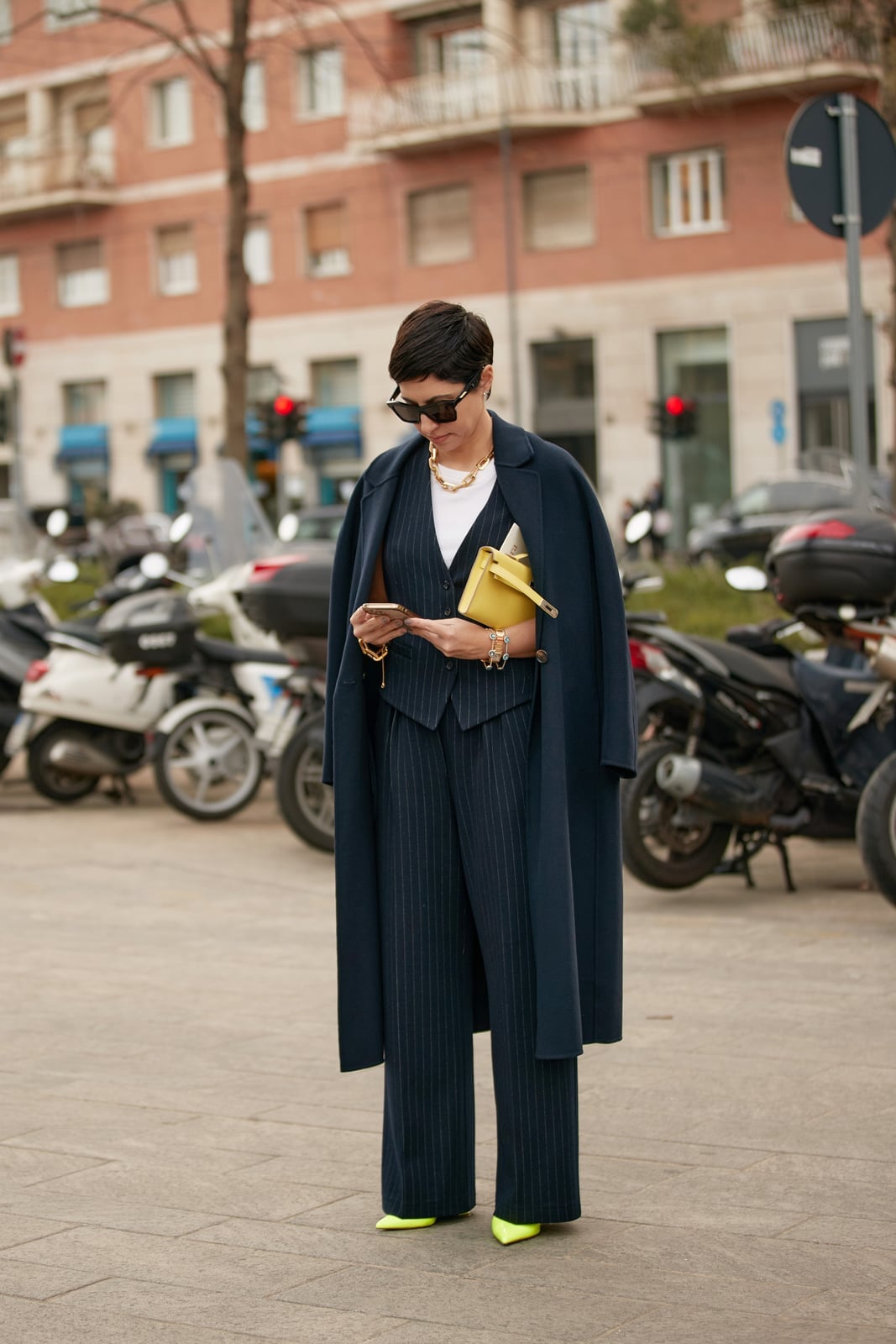 Navy Pinstripe Vest and Trousers with Long Coat Navy Pinstripe Vest and Trousers with Long Coat — Trendy Vest Outfits