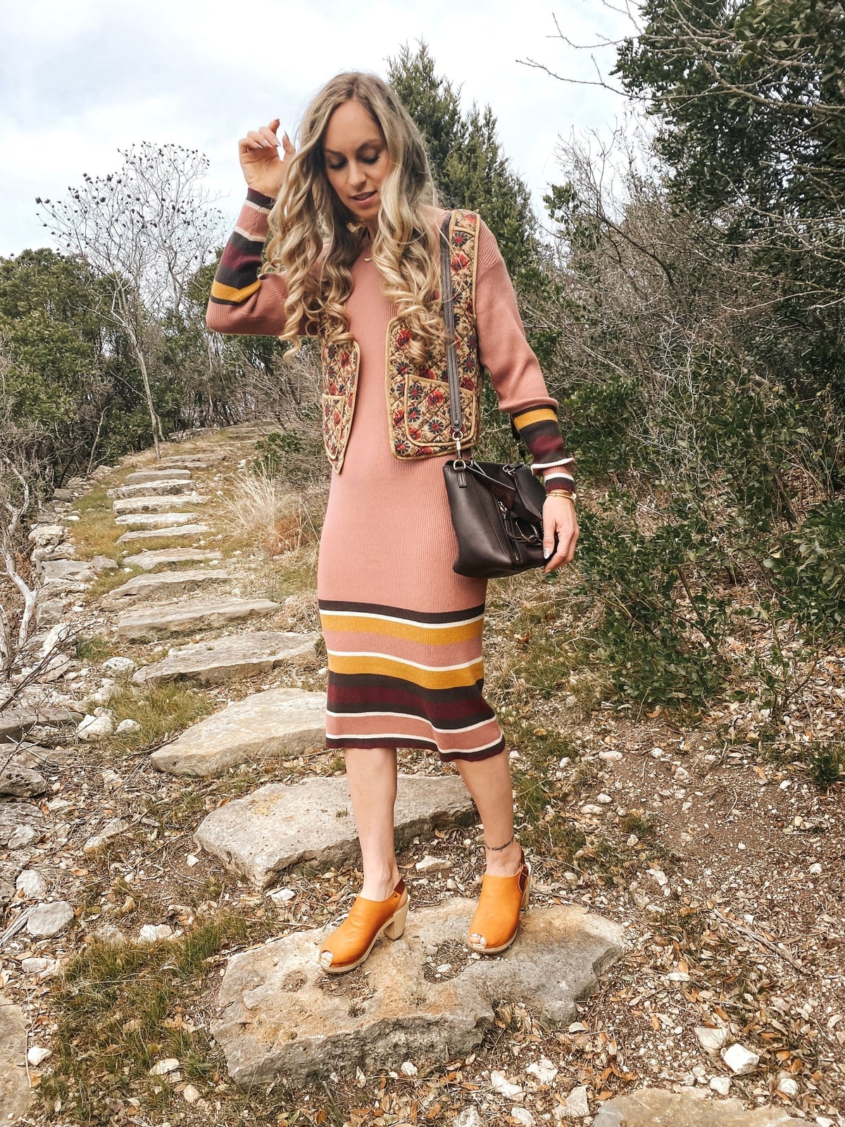 Embroidered Vest Over Striped Midi Dress Embroidered Vest Over Striped Midi Dress — Trendy Vest Outfits