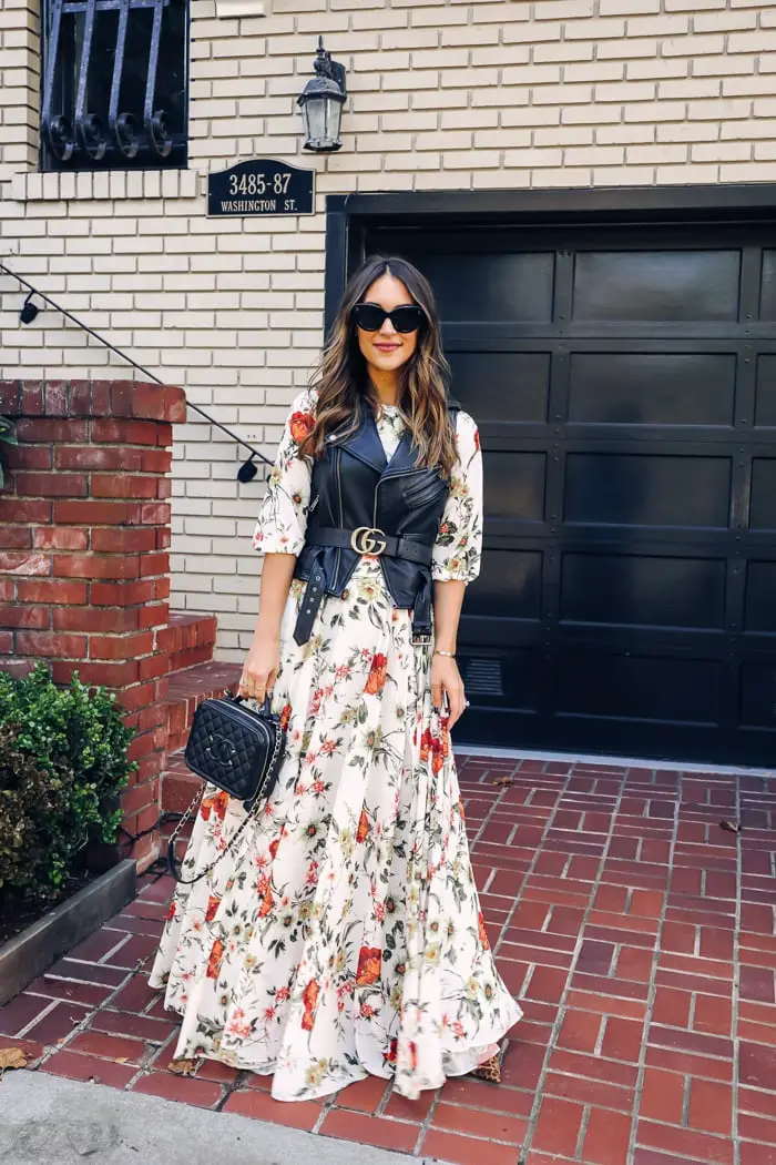 Black Leather Vest Over Floral Print Dress Black Leather Vest Over Floral Print Dress — Trendy Vest Outfits
