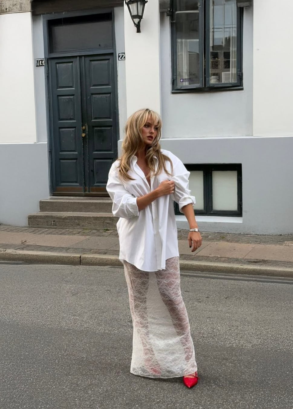 Sheer White Lace Maxi Skirt With Oversized Shirt and Red Pointed Heels — Trendy White Skirt Outfit