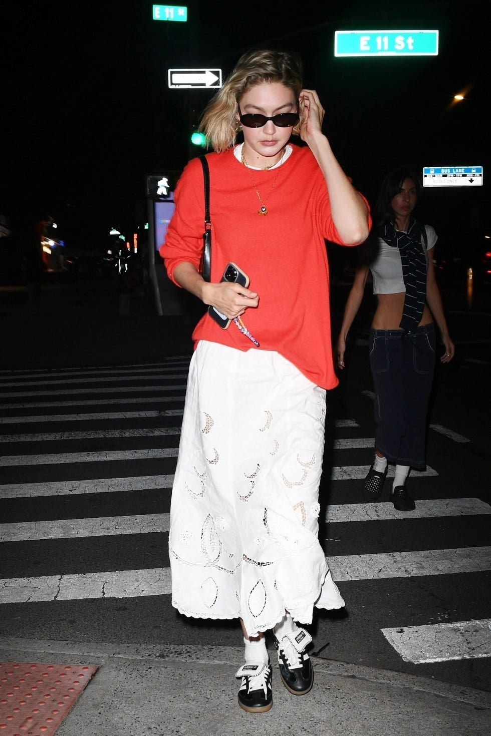 White Eyelet Maxi Skirt With Red Long-Sleeve Top — Trendy White Skirt Outfit