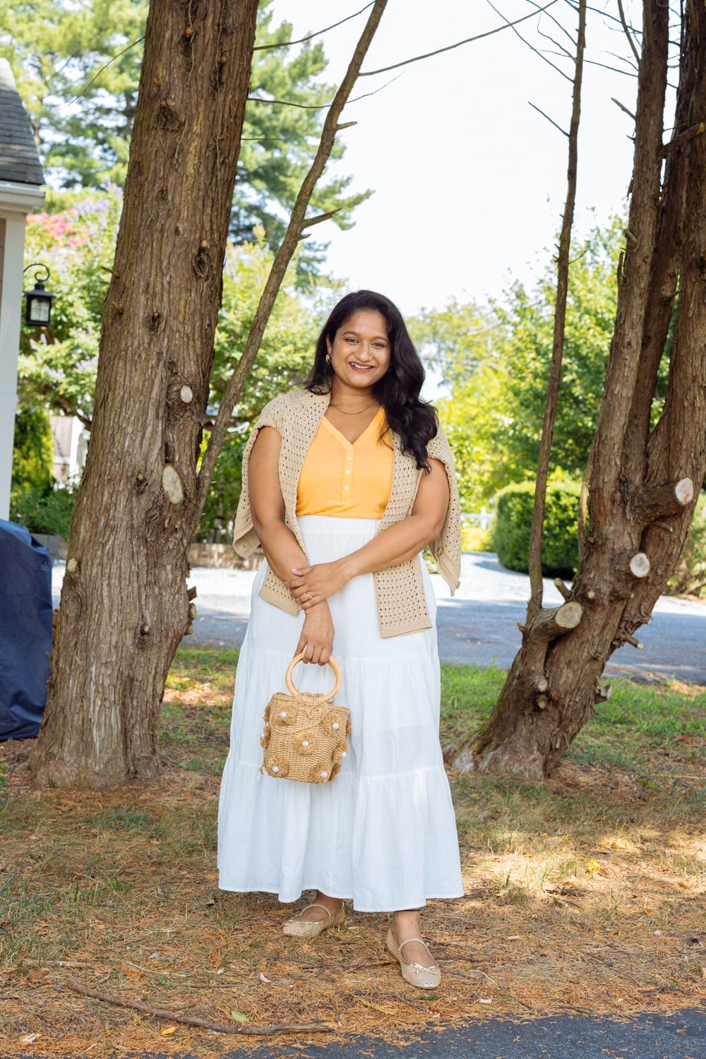 White Tiered Maxi Skirt With Crochet Cardigan — Trendy White Skirt Outfit